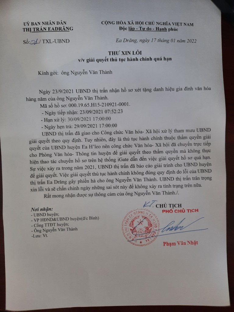 Thư xin lỗi về việc giải quyết thủ tục hành chính trễ hạn của ông Nguyễn Văn Thành - TT. Ea Drăng